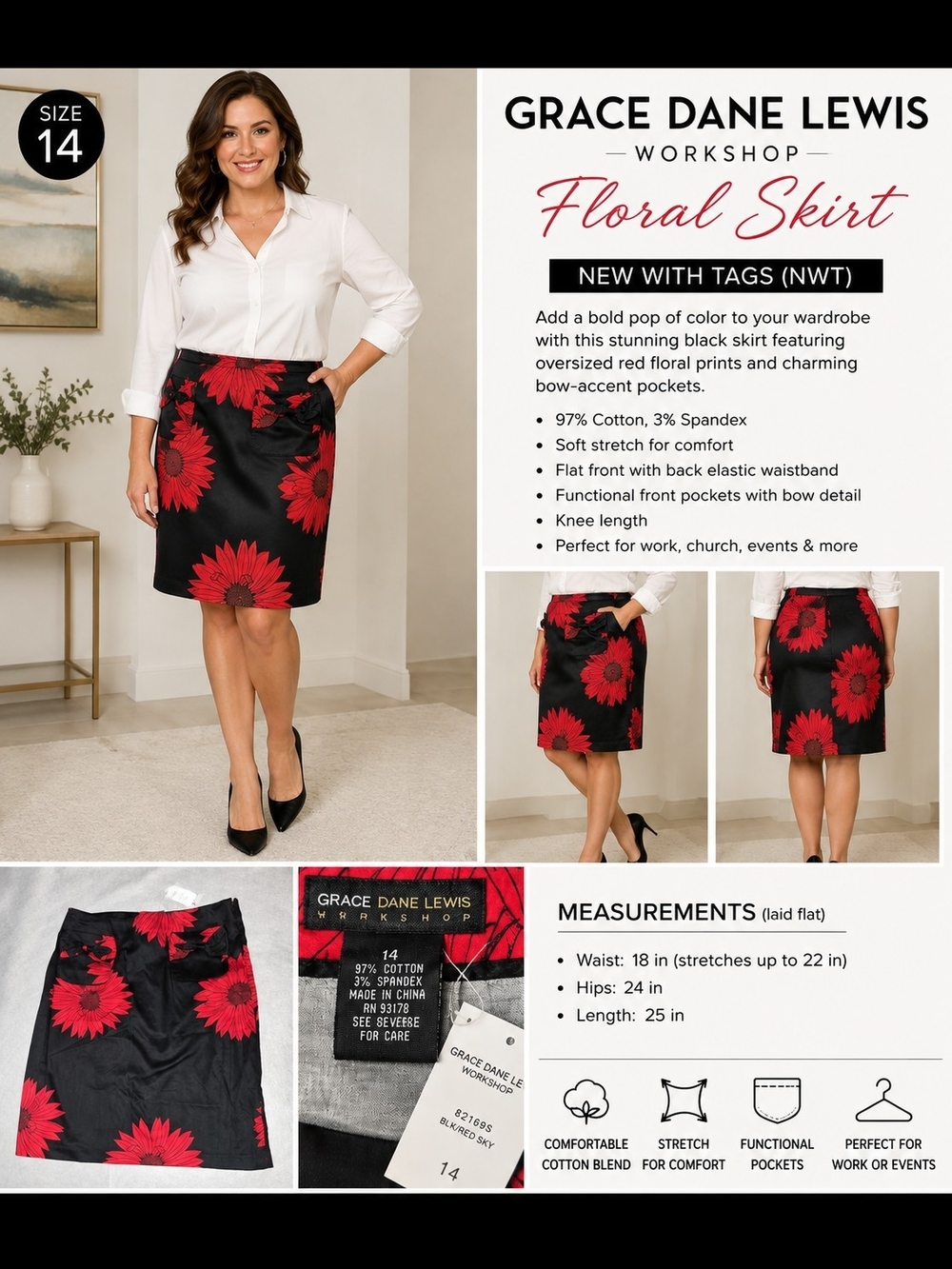 Grace Dane Lewis Workshop Floral Skirt – Women's Size 14 – NWT